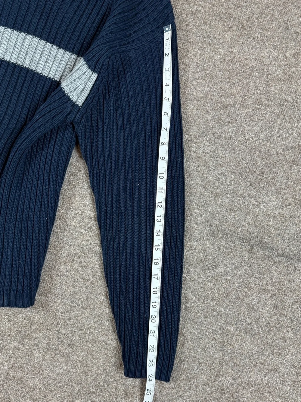 Vintage Navy Grey Chest Stripe Long Sleeve V-Neck Ribbed Sweater Men’s M 90s Y2K